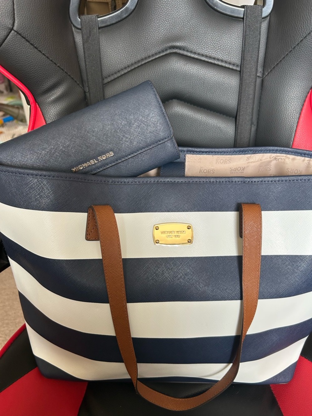 Michael Kors Navy, White & Brown Striped Tote with Matching Navy Wallet